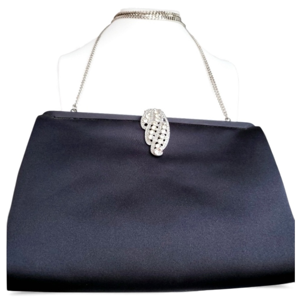 Givenchy vintage clutch Crystal clasp, shoulder bag black satin, 42” strap RARE